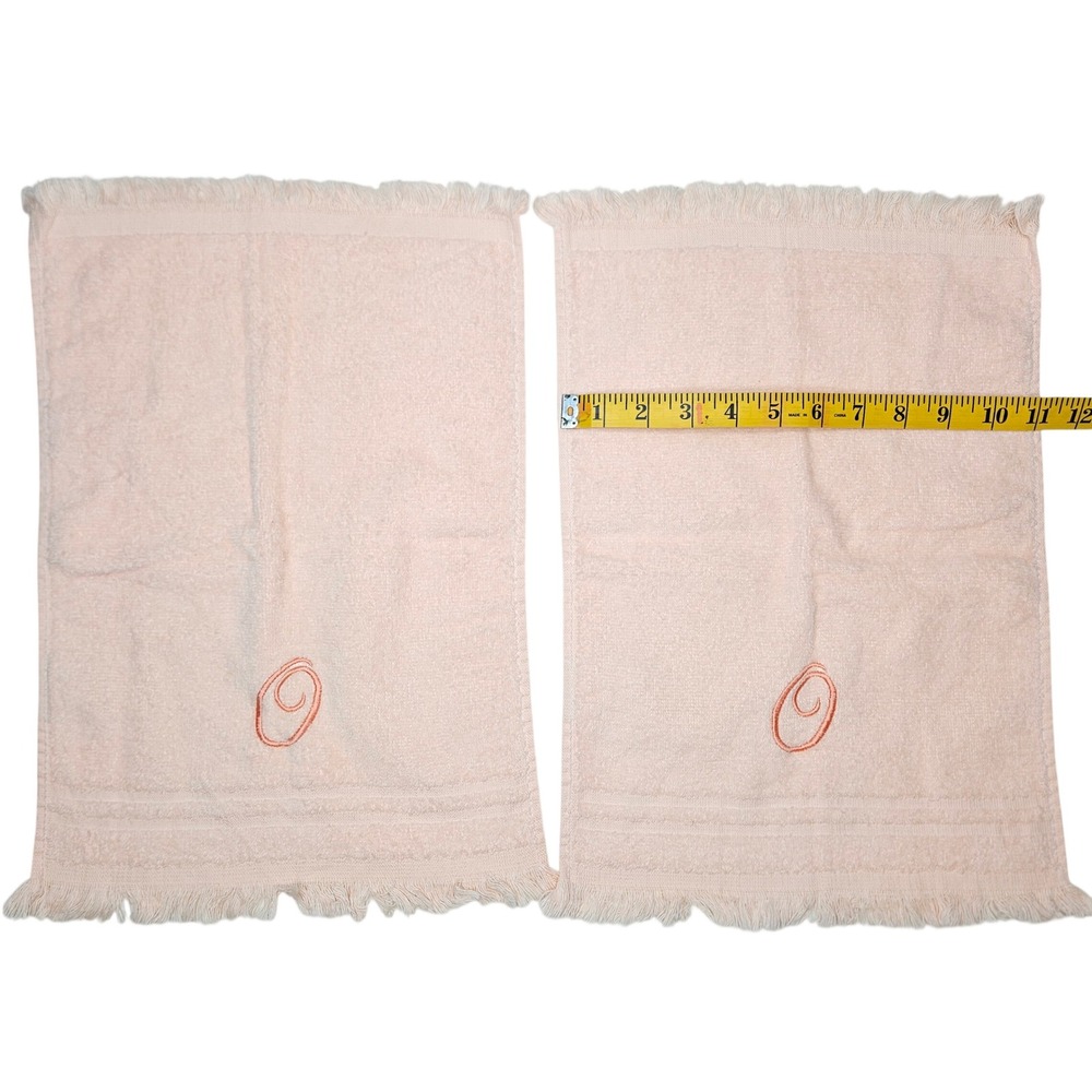 Vtg Cannon Peach Pink Cotton Monogram Letter O Fringe Fingertip Towels Set of 2